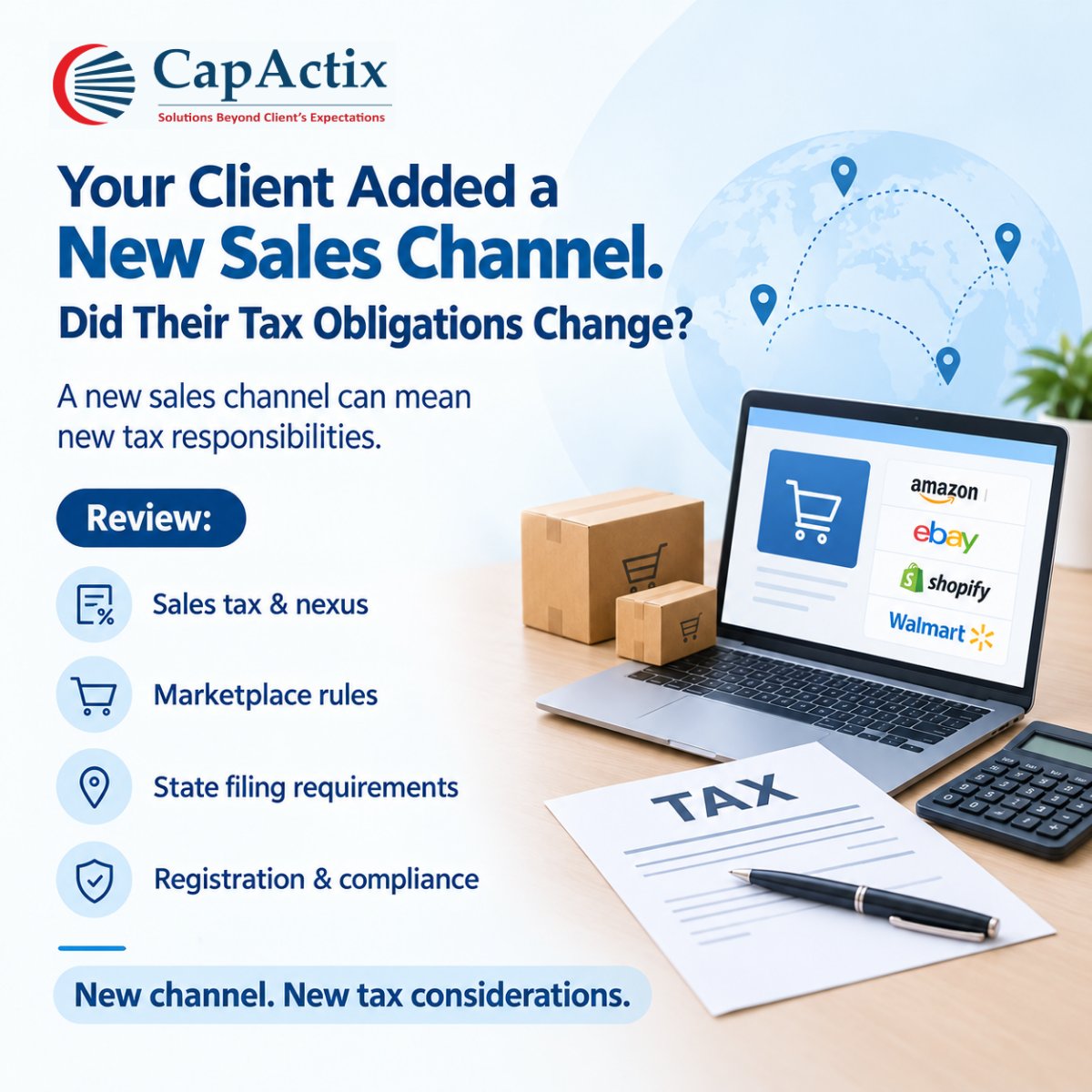 CapActix's tweet photo. New sales channel? ๐ New tax considerations!
Before expanding, review sales tax & nexus, marketplace rules, state filings, and compliance to stay ahead.
#CapActix #SalesTax #TaxCompliance #Accounting https://t.co/enmVrG1kiO