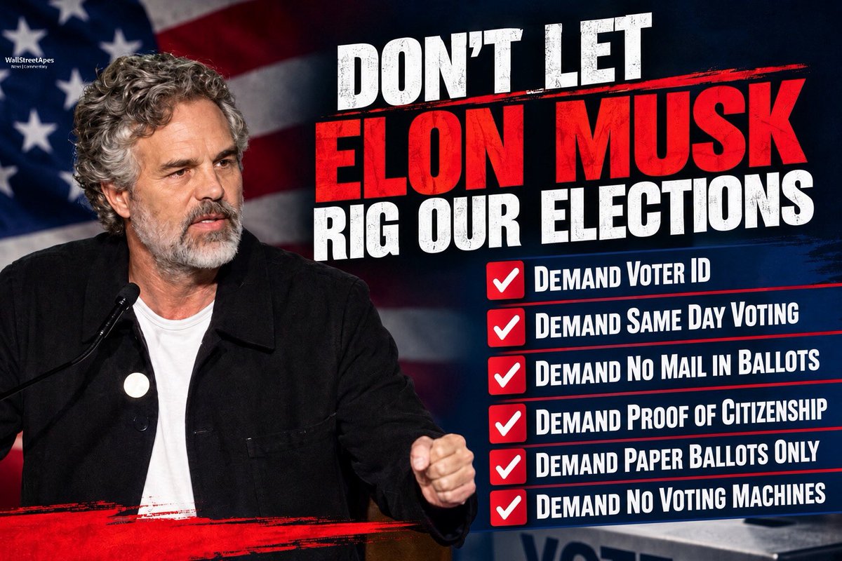 WallStreetApes's tweet photo. Mark Ruffalo is right, the only way to stop Elon Musk from rigging the votes and safeguard American elections and is to:

✅ Demand Voter ID
✅ Demand Same Day Voting
✅ Demand No Mail in Ballots
✅ Demand Proof of Citizenship
✅ Demand Paper Ballots
✅ Demand No Electronic Voting Machines

Elon Musk is a threat to our Democracy! We must stop Elon Musk, secure our elections!