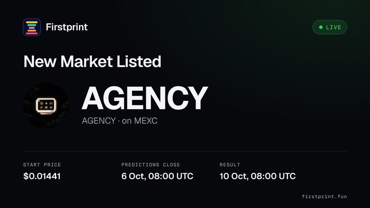 Firstprintapp's tweet photo. NEW MARKET LISTED $AGENCY

Where will AGENCY trade on MEXC?

Start price: $0.01441
Predictions close: 6 Oct, 08:00 UTC
Result: 10 Oct, 08:00 UTC

Predict now: https://t.co/1d6sVdIt3Q https://t.co/lGnUS2io6A