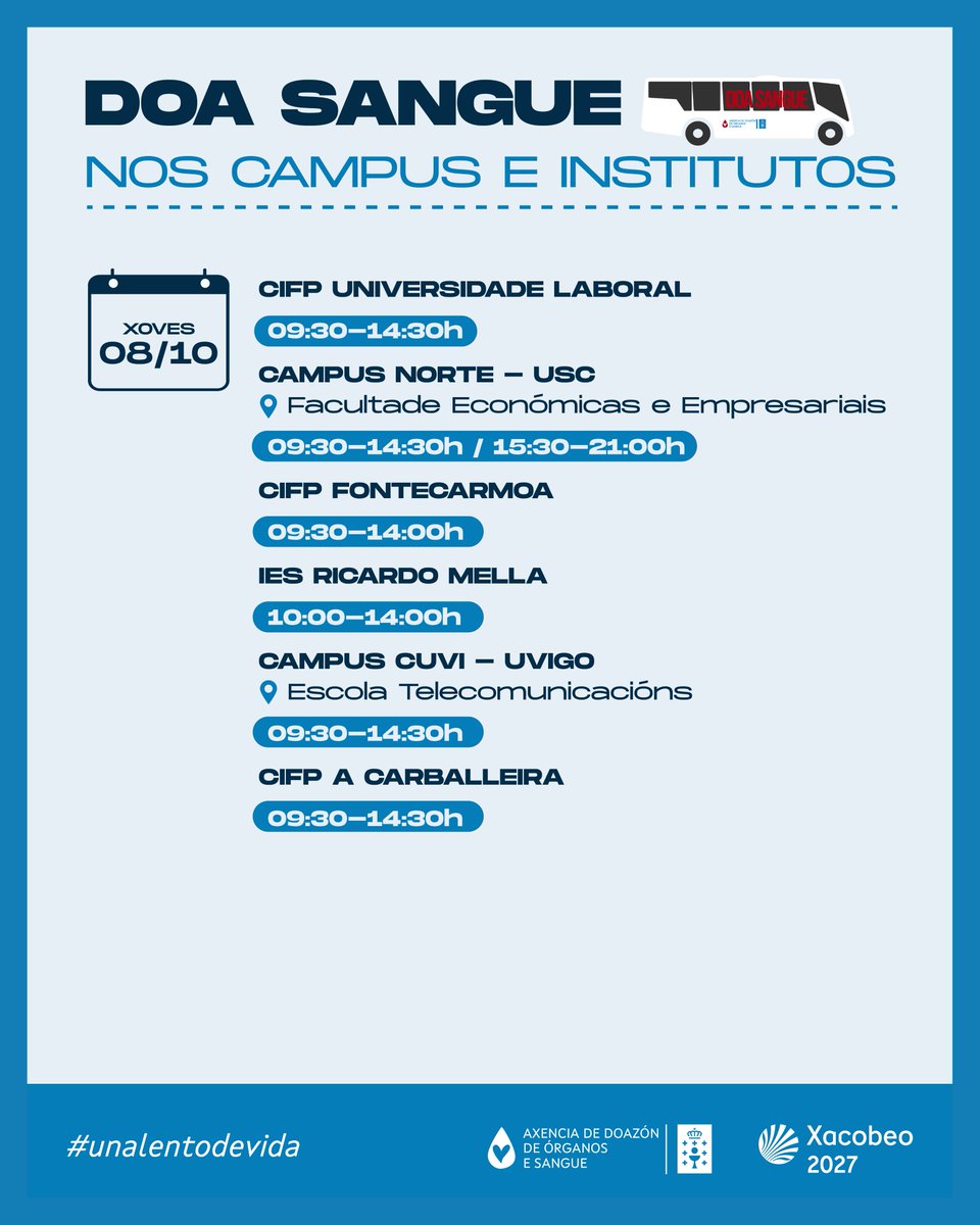 doadoressangue's tweet photo. A campaña “Un alento de vida” chega aos campus universitarios de Galicia
Se ves o noso bus, non o deixes marchar: sube, doa sangue e axúdanos a salvar vidas
@UniversidadeUSC  
@UDC_gal  
@uvigo https://t.co/u0LBAVumyH