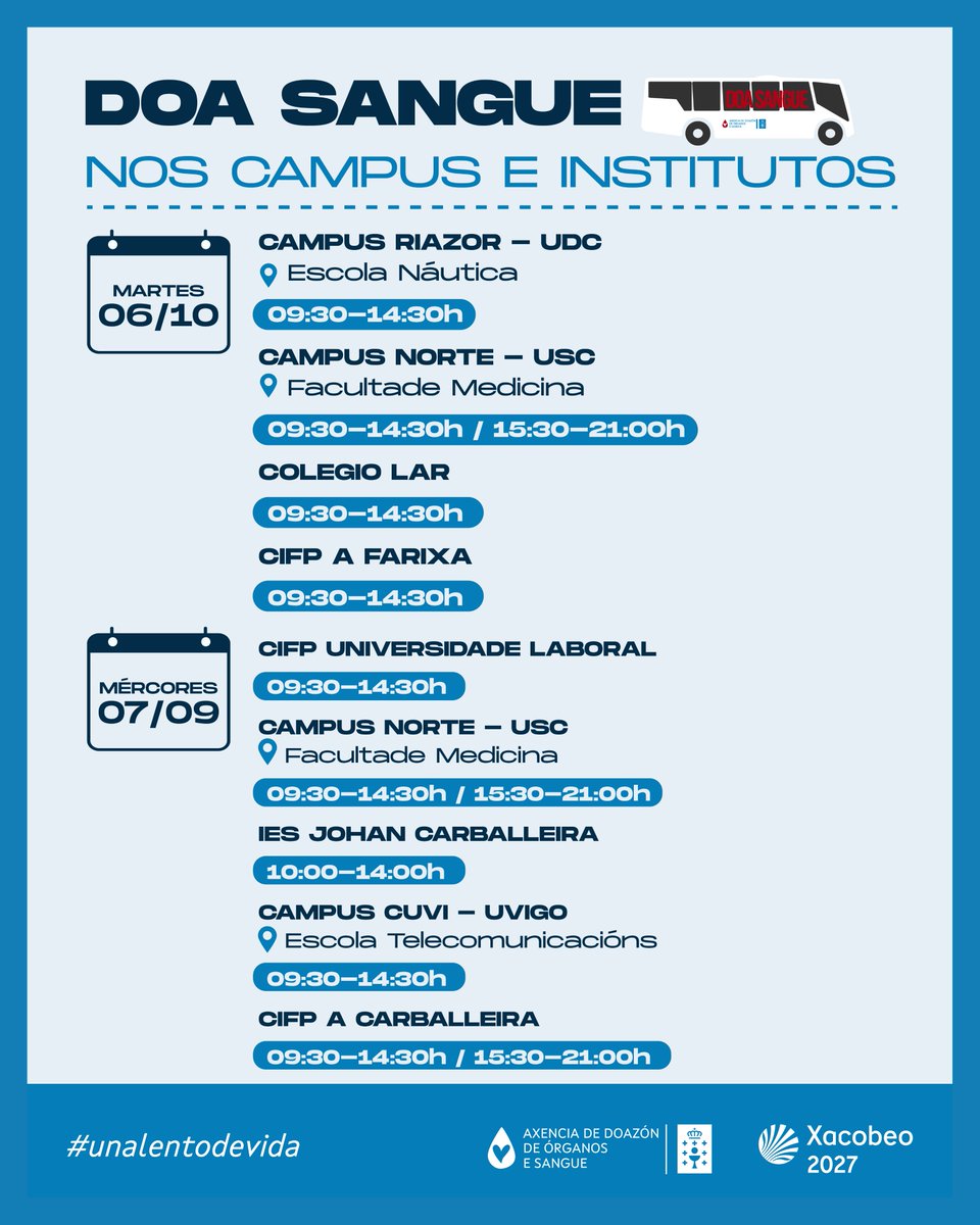 doadoressangue's tweet photo. A campaña “Un alento de vida” chega aos campus universitarios de Galicia
Se ves o noso bus, non o deixes marchar: sube, doa sangue e axúdanos a salvar vidas
@UniversidadeUSC  
@UDC_gal  
@uvigo https://t.co/u0LBAVumyH