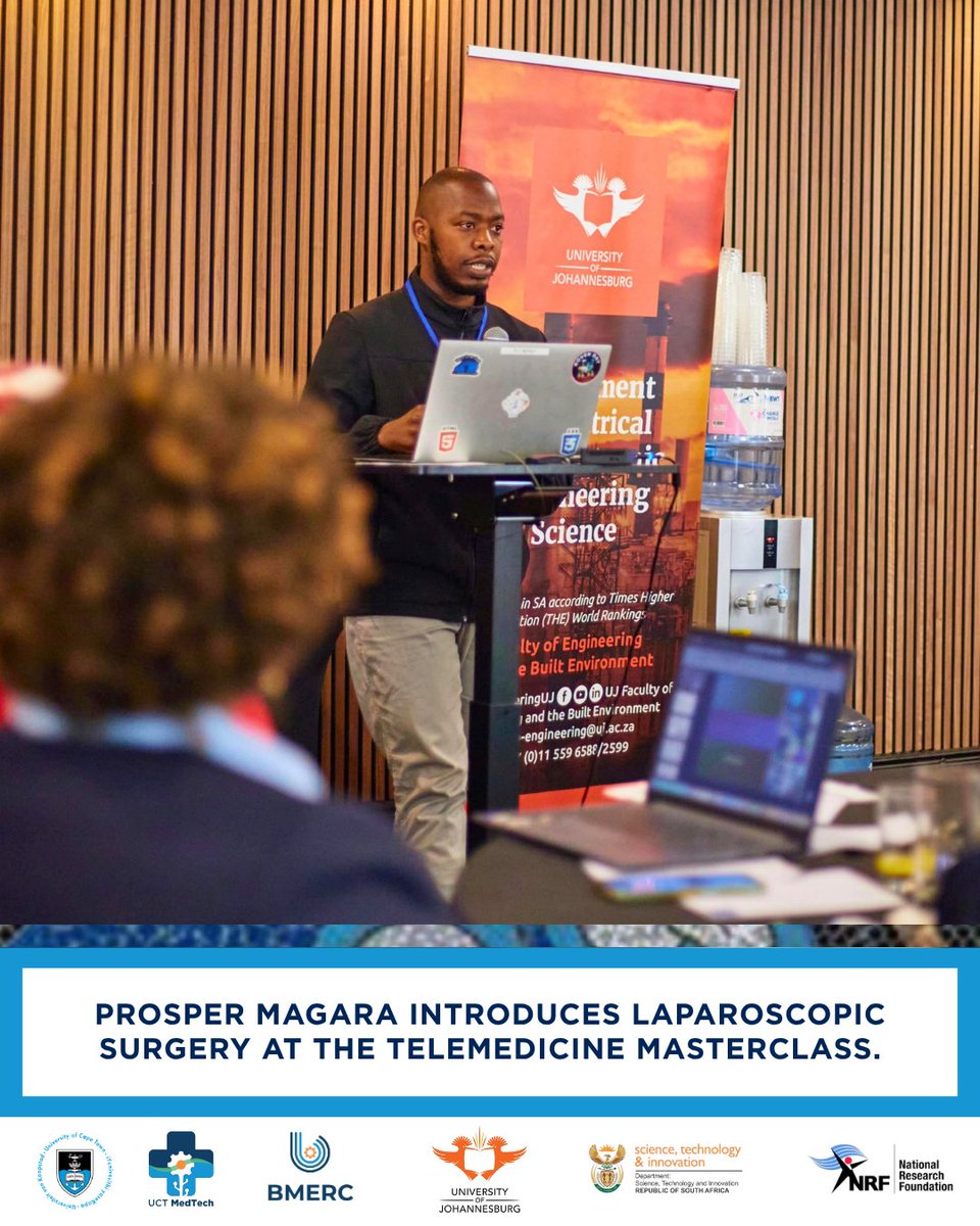 UCTMedTech's tweet photo. 𝐄𝐱𝐩𝐞𝐫𝐭 𝐬𝐮𝐫𝐠𝐢𝐜𝐚𝐥 𝐠𝐮𝐢𝐝𝐚𝐧𝐜𝐞 𝐟𝐨𝐫 𝐚𝐧𝐲 𝐭𝐡𝐞𝐚𝐭𝐫𝐞, 𝐢𝐧 𝐫𝐞𝐚𝐥 𝐭𝐢𝐦𝐞

Prosper Magara, a final-year PhD candidate at BMERC/UCT MedTech, recently presented at the Telemedicine Masterclass led by Dr Bessie Malila. The session provided healthcare professionals, administrators, and policymakers with practical insights into implementing and sustaining telemedicine services.

Prosper shared his research on LapTelementor, an AI-enhanced surgical telementoring system designed for laparoscopic surgery. The core goal is simple: to bring expert surgical guidance into any operating theatre, wherever it is, in real time.

His talk sparked rich and practical discussions on how emerging technologies can broaden access to high-quality surgical care.

Congratulations, Prosper!

#Telemedicine #Telementoring #SurgicalInnovation #LaparoscopicSurgery #AIinHealthcare #BiomedicalEngineering #BMERC #UCTMedTech

@SudeshSivarasu
@UCT_news
@NRF_News
@UCTHealthSci
@dstigovza