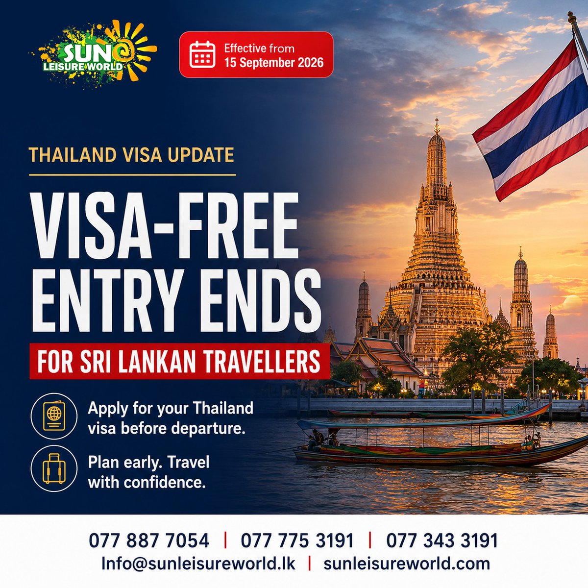 ELVISMENDOZALOP's tweet photo. Sri Lankan passport holders must obtain a Thai visa before travel from 15 September 2026. Apply early to avoid last-minute inconvenience when planning your Thailand holiday. https://t.co/MNP7L8jy97