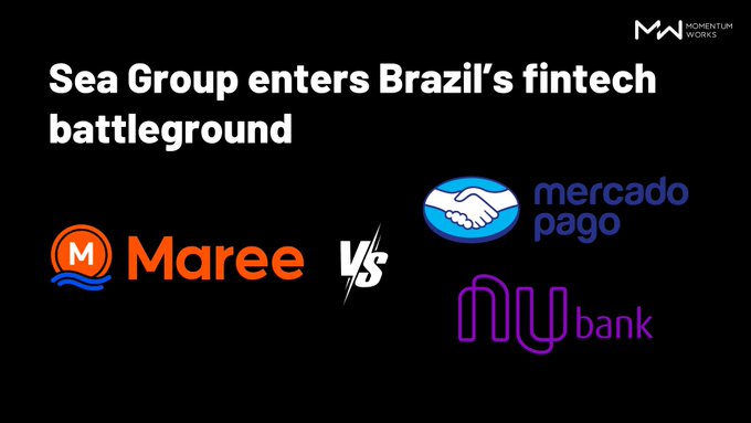 A graphic titled 'Sea Group enters Brazil's fintech battleground' by Momentum Works shows a 'VS' comparison between the Maree logo and the logos for Mercado Pago and Nubank.
