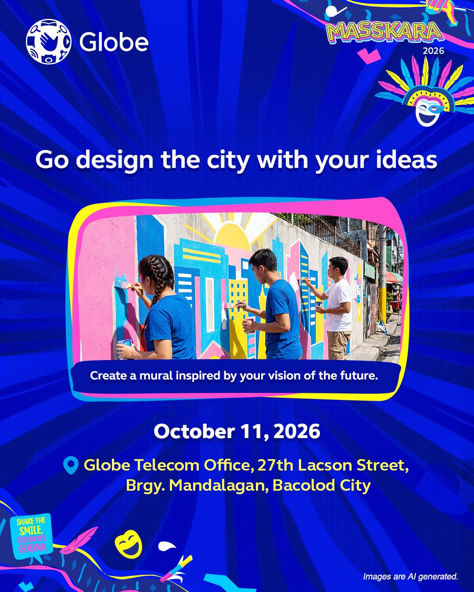 enjoyGLOBE's tweet photo. What story does your mural hold? 🎨✨

Calling all student artists! Unleash your creativity and join Globe’s 5G Building Craft: Paint Tomorrow. Design your own mural and bring your artistic vision to life with the theme “Future-Forward 5G City”

📅 October 11, 2026 | 11 AM–6 PM
📍 Globe Telecom Office, 27th Lacson Street, Brgy. Mandalagan, Bacolod City

Ready to paint your masterpiece? Join now! Click on Events and Experience and find 5G Building Craft Masskara Festival via https://t.co/cUdIz17rIZ. 

Registration is open until October 7, 2026.

Bring your creativity. Make your mark. Together, MassKara comes alive! 🎨💙 https://t.co/LgBKq0qIsu

#GlobeMassKara2026 #GoForwardTogether #Globe5GEnergy #GlobeMassKara5GMissions
