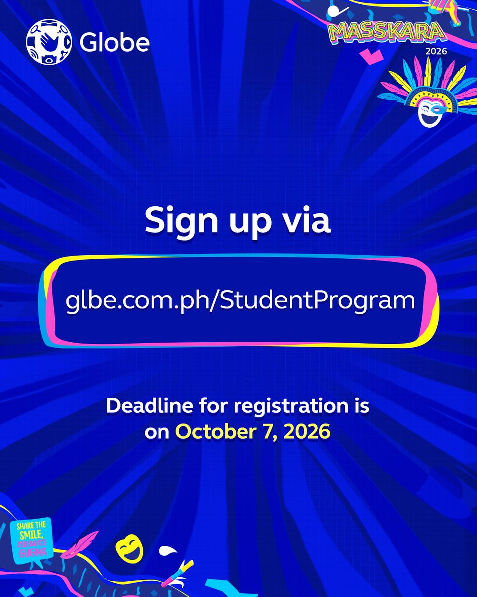 enjoyGLOBE's tweet photo. What story does your mural hold? 🎨✨

Calling all student artists! Unleash your creativity and join Globe’s 5G Building Craft: Paint Tomorrow. Design your own mural and bring your artistic vision to life with the theme “Future-Forward 5G City”

📅 October 11, 2026 | 11 AM–6 PM
📍 Globe Telecom Office, 27th Lacson Street, Brgy. Mandalagan, Bacolod City

Ready to paint your masterpiece? Join now! Click on Events and Experience and find 5G Building Craft Masskara Festival via https://t.co/cUdIz17rIZ. 

Registration is open until October 7, 2026.

Bring your creativity. Make your mark. Together, MassKara comes alive! 🎨💙 https://t.co/LgBKq0qIsu

#GlobeMassKara2026 #GoForwardTogether #Globe5GEnergy #GlobeMassKara5GMissions