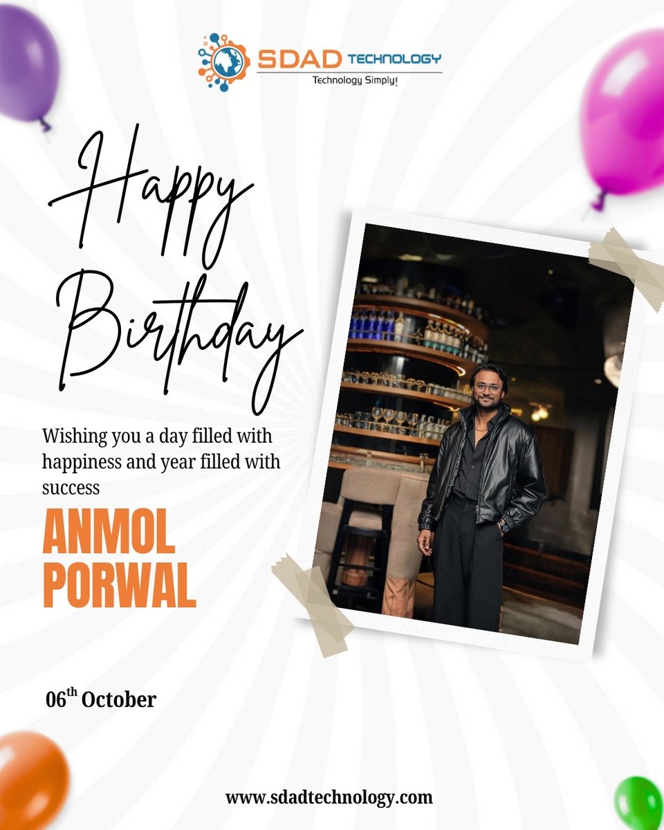 SdadTechnology's tweet photo. Wishing a very happy birthday to Anmol Porwal ! 🎉

May this special day bring you renewed energy, inspiration, and success in all your endeavors. Here's to a year filled with continued growth and achievements. Enjoy your day to the fullest! 🥳 https://t.co/H8jJEM6A3v