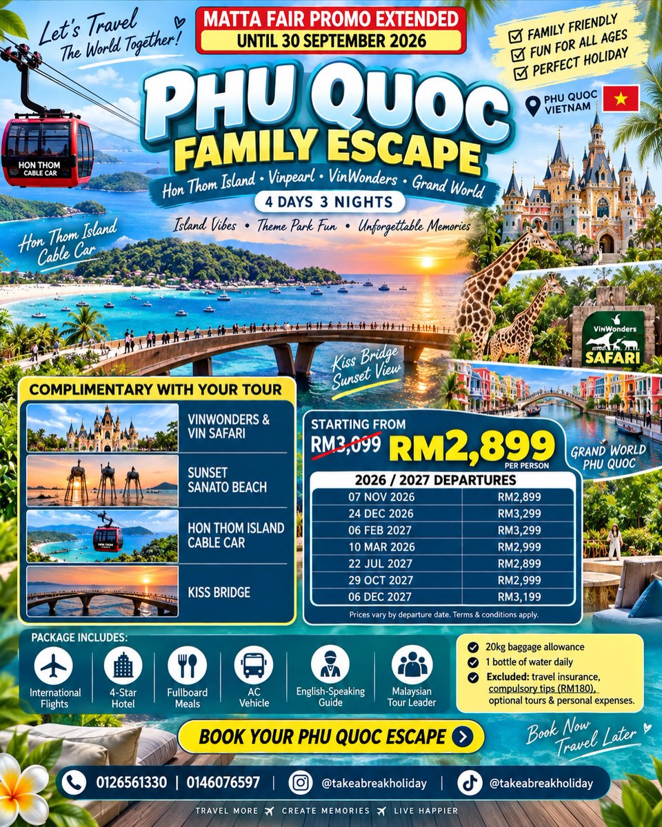 mrvcndk's tweet photo. Phu Quoc Family Escape 4D3N: island adventures, VinWonders, Vin Safari, Kiss Bridge, Hon Thom cable car and more. Includes 4-star hotel, fullboard meals, flights and transfers. From RM2, 899/person. Selected 2026-2027 departures. https://t.co/ie4o8de5AX