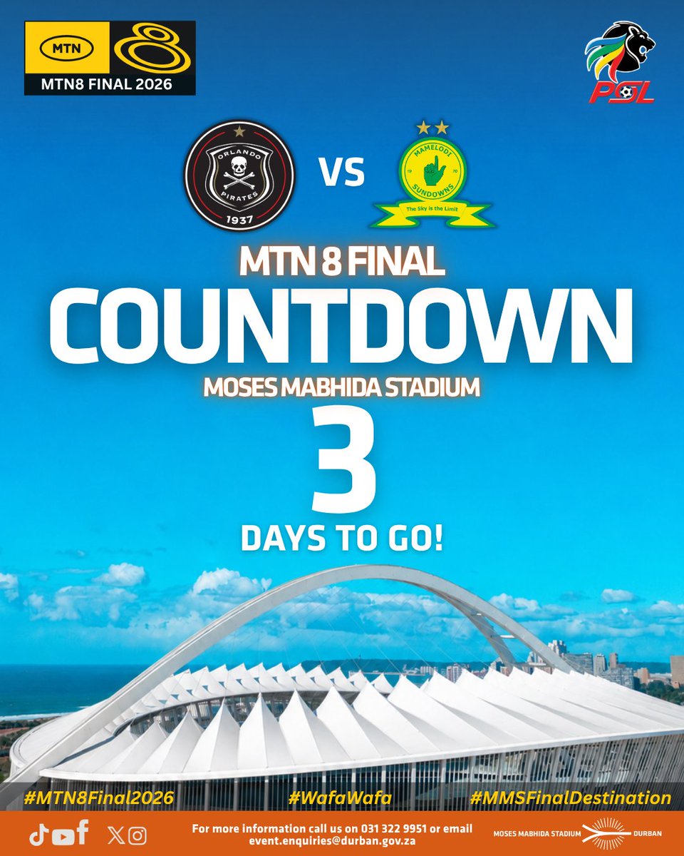 MMStadium's tweet photo. Sekuseduze kakhulu!
In just 3 days, Moses Mabhida Stadium will host the highly anticipated MTN8 Final 2026.

Kick off - 18:00PM

#MTN8Final #3DaysToGo #MosesMabhidaStadium #WafaWafa https://t.co/2X24qxIwlb