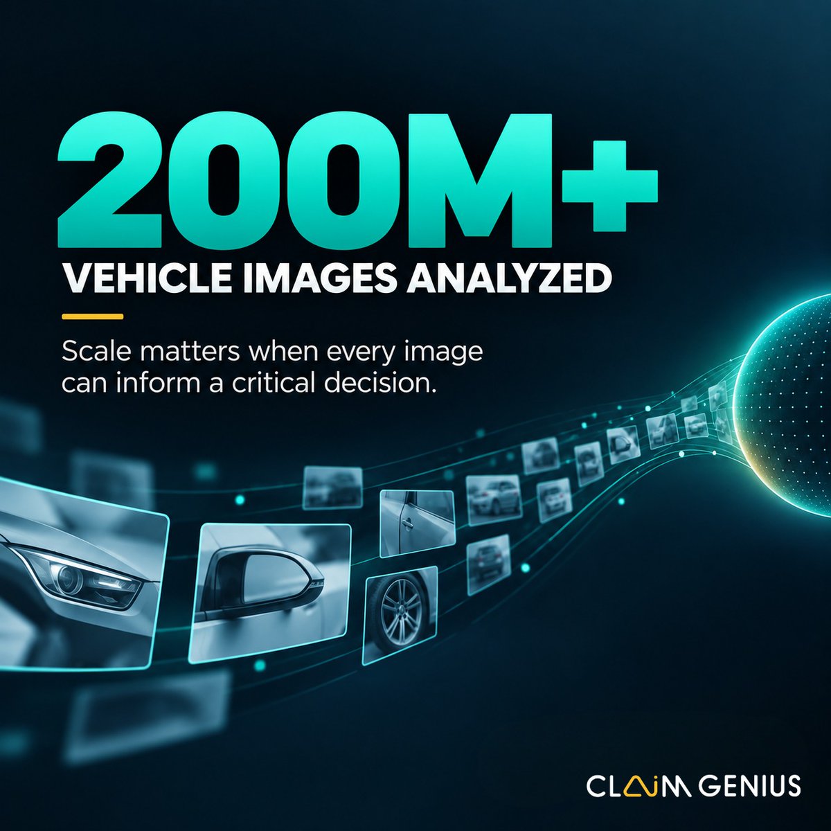 ClaimGenius's tweet photo. 200M+ vehicle images analyzed—and counting. Claim Genius turns visual data into structured intelligence for faster, more confident decisions.

#ClaimGenius #AIClaims #InsurTech https://t.co/DrsUWtFYBv