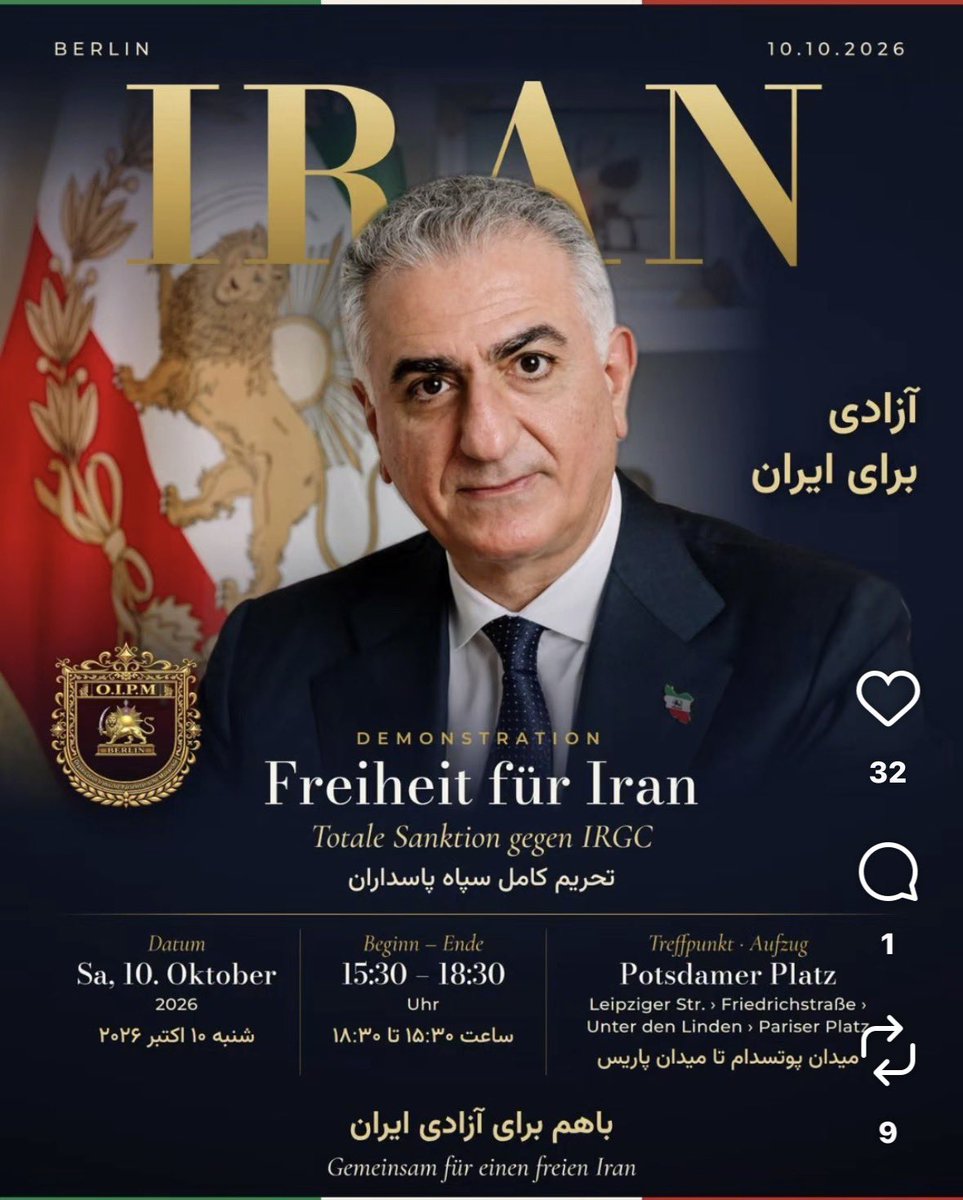 ChrisEhlich's tweet photo. Dieses Wochenende findet die wöchentliche #FreeIran Demo am Samstag den 10. Oktober 2026 um 15:30 am Potsdamer Platz Berlin, statt. Kommt vorbei und demonstriert mit uns für ein Freien #Iran und die Rückkehr @PahlaviReza. #JavidShah‌‌‌‌‌ 

Mehr Infos:
https://t.co/HEo2jMYEgG https://t.co/Ro7oNzQUxq