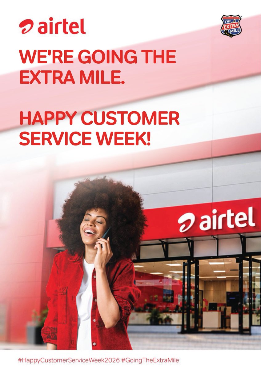 AirtelMalawiPlc's tweet photo. HAPPY CUSTOMER SERVICE WEEK!*
Thank you for choosing Airtel. For every call, every message, and every moment you have trusted us to serve you. You are the reason we go further.
This week, we celebrate you.
#HappyCustomerServiceWeek2026 #GoingTheExtraMile #AirtelMalawi https://t.co/Sii1AVsJJd