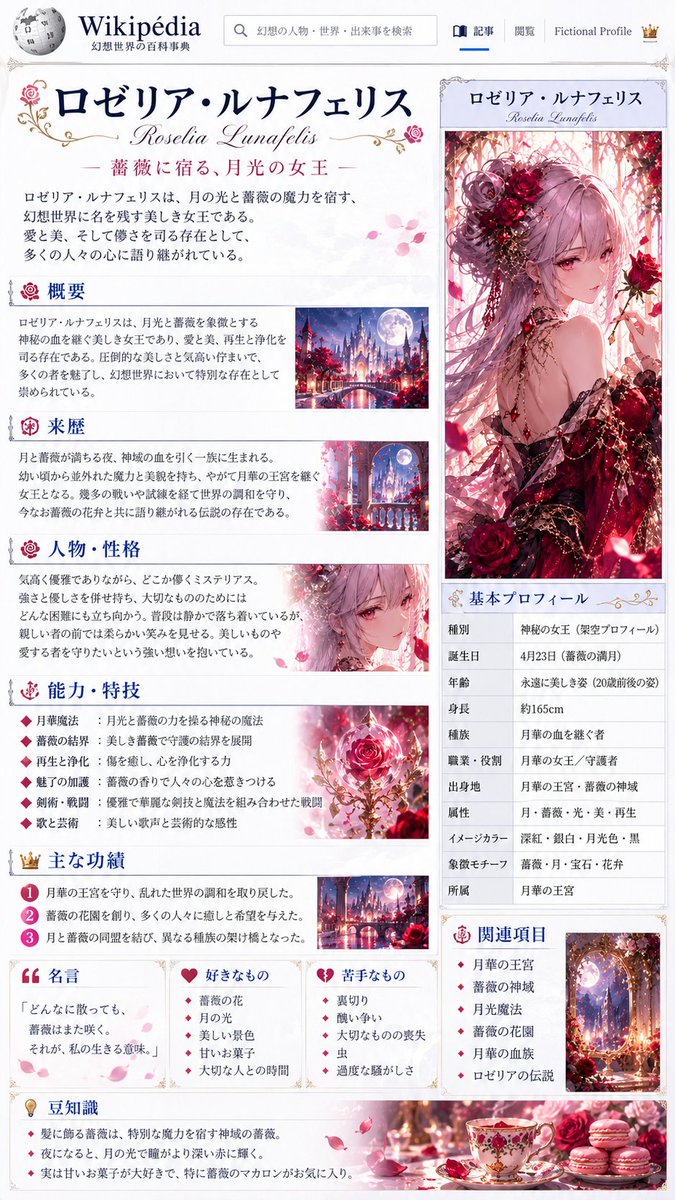 RIKO_0401_6's tweet photo. 📖🌐✨ 新企画！「私のWikipediaは…❣️」
もし、あなたのキャラクターが
Wikipediaみたいな百科事典に載っていたら……？🤣💕
添付イラスト1枚からAIが世界観を読み取って、
👤 名前・肩書き
🌍 出身・所属
🎂 基本プロフィール
📜 来歴
💎 人物・性格
⚔️ 能力・特技
🏆 主な功績
💬 名言
🔎 豆知識
などを完全フィクションで作ります✨
完成イメージは
「えっ、私Wikipediaに載ってるんだけど🤣」
ってなるような、本物っぽい百科事典風プロフィール📖💕
📎 参加方法 このプロンプト＋好きなキャラクター画像を1枚添付するだけ❣️
名前などの入力は不要です✨
⚠️ 実在人物を調査する企画ではありません。
添付キャラクターから作る架空プロフィールの遊び企画です。
よかったらみんなも遊んでみてね〜🥰✨
プロンプトはリプへ💕︎︎
#璃狐のAIイラスト #AI画像生成 #生成AI #キャラクター #オリキャラ #創作企画 #プロフィール #Wikipedia風 #AIで遊んでみた  #璃狐プロ