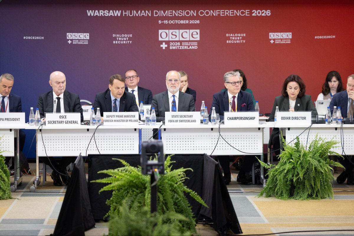 PolandMFA's tweet photo. 📍 Warsaw 

Deputy PM, FM @sikorskiradek took part in the opening session of the 2026 Warsaw Human Dimension Conference. 

In his remarks, he reaffirmed Poland’s commitment to advancing human rights and democracy and stressed the importance of accountability for war crimes and human rights violations.