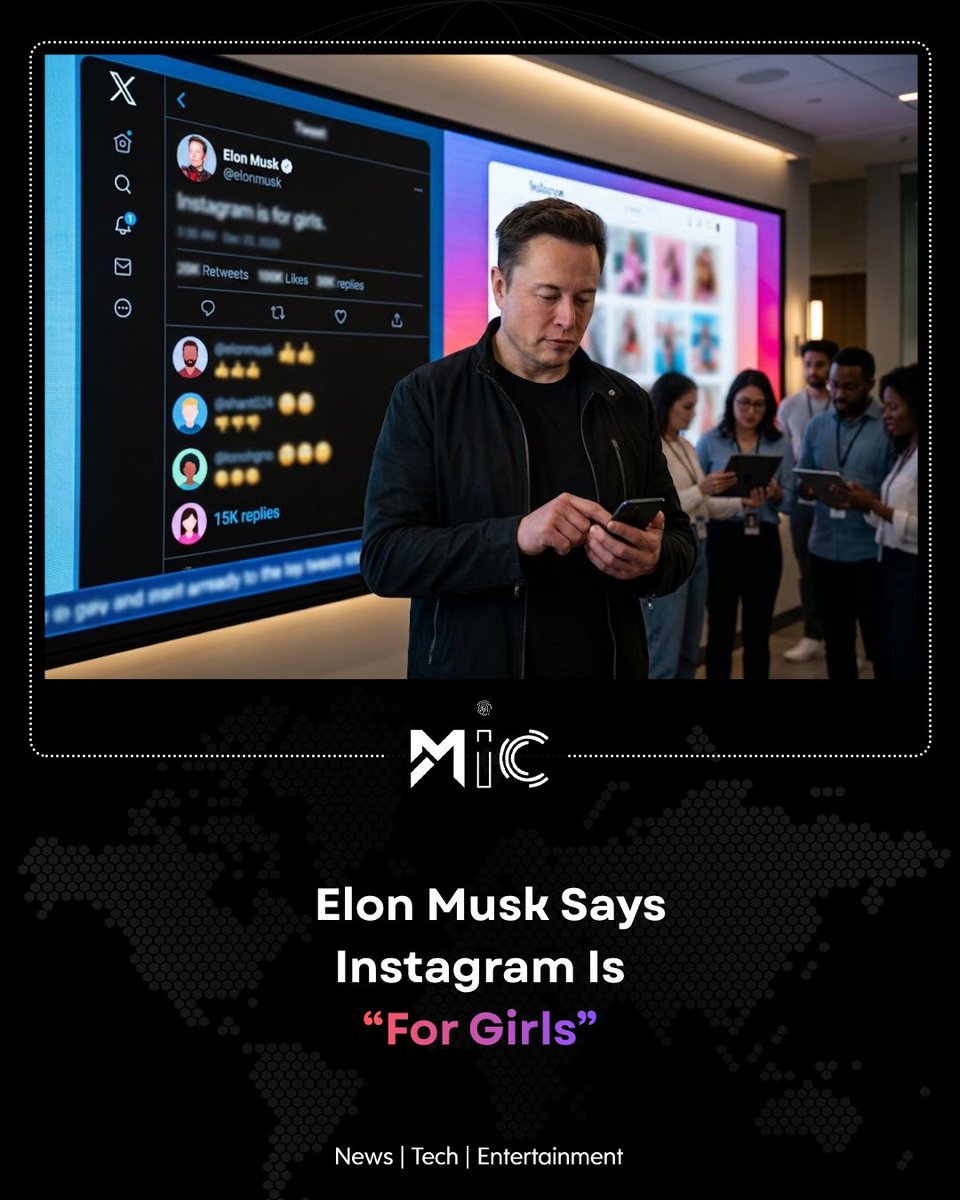 mictechofficiaI's tweet photo. Elon Musk has sparked a fresh debate after saying “Instagram is for girls” on X while responding to a post about deleting Instagram. His comment quickly drew mixed reactions and renewed discussion about gender stereotypes on social media.
#ElonMusk #Instagram #mictech #micnews https://t.co/k2ErlYrpUC