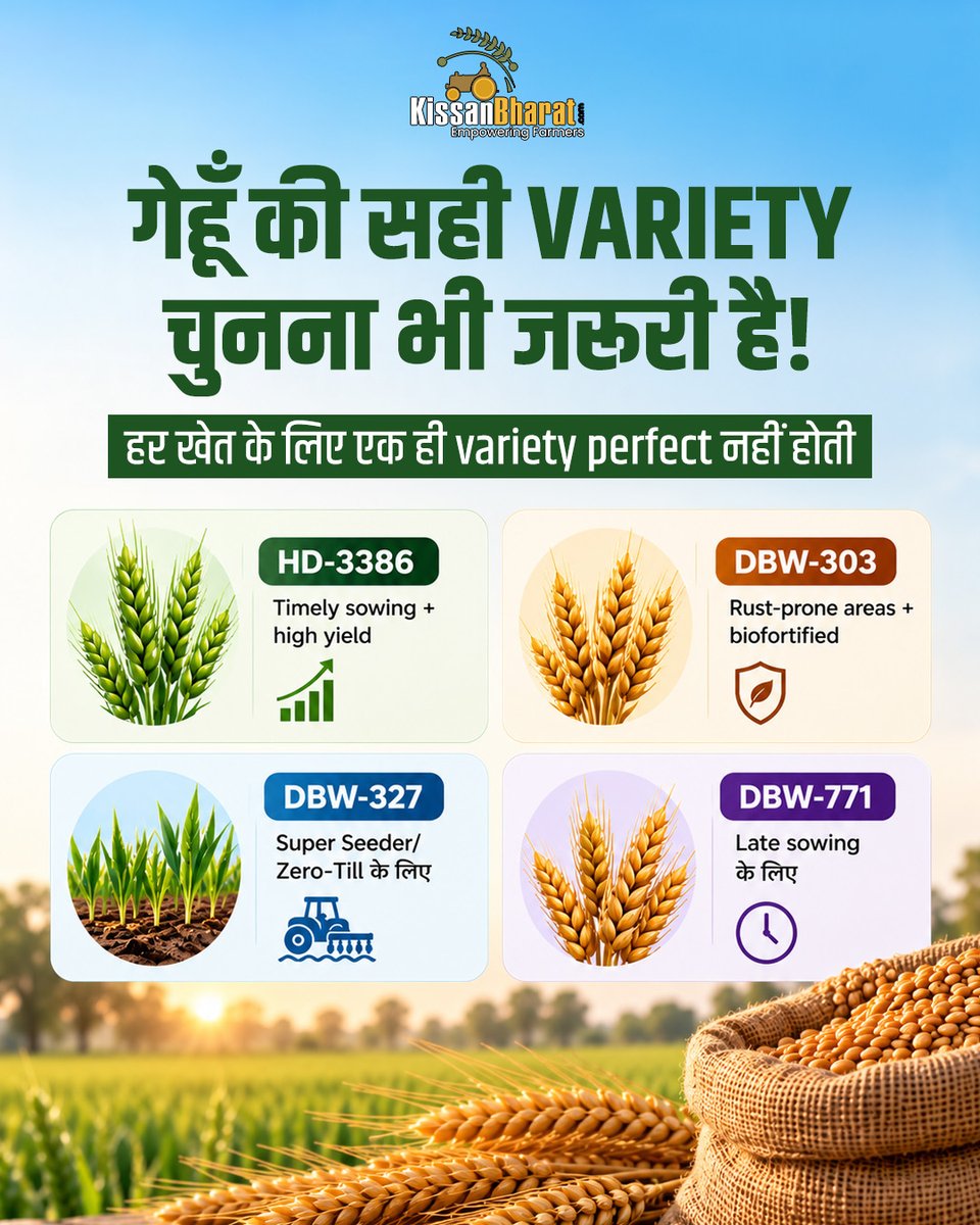 KissanBharat's tweet photo. बुवाई से पहले अपनी sowing date, area और खेती के तरीके के हिसाब से variety चुनें.
https://t.co/1Ae497NNKR
.
.
.
.
.
#KissanBharat #WheatFarming #WheatVarieties #WheatVariety #GehuKiKheti #GehuKiVariety #HD3386 #DBW303 #DBW327 #DBW771 #Rabi2026 #RabiFarming #WheatSowing https://t.co/0rTuRpdWQP