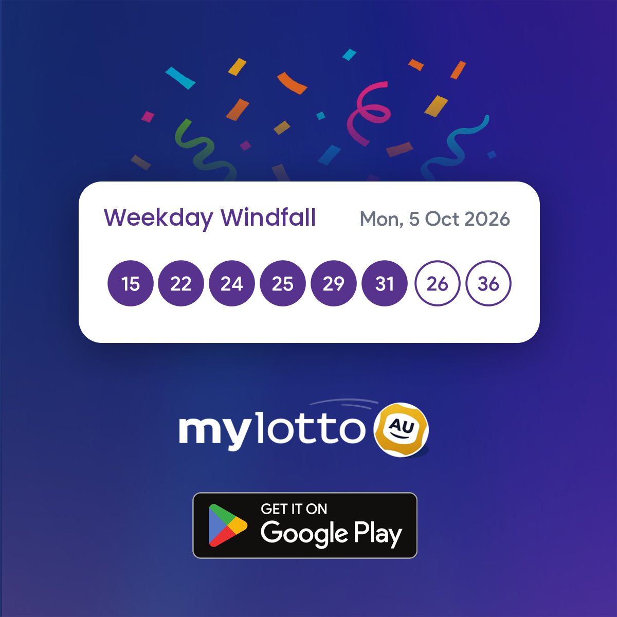 mylottoaus's tweet photo. Weekday Windfall results are in! π€©
π
Monday, 05 Oct 2026
β¨ 15, 22, 24, 25, 29, 31 + 26, 36 β¨
π° Did your numbers come up?
#WeekdayWindfall #LotteryResults #MyLottoAustralia https://t.co/qWtrfBl7gK