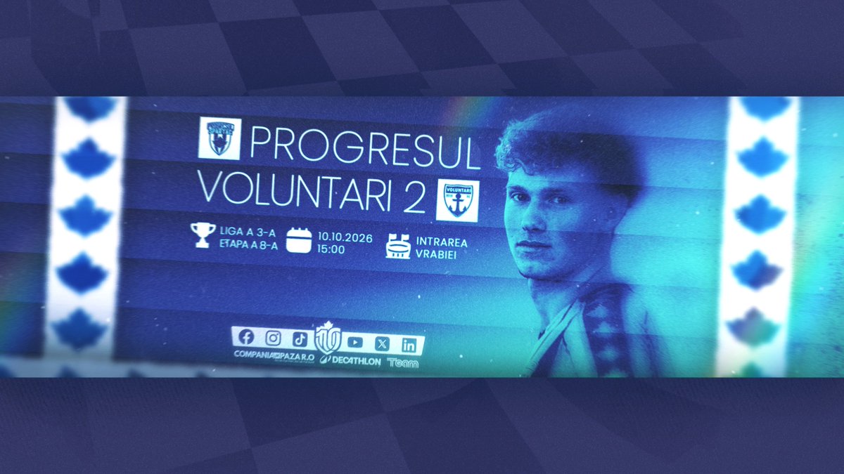 progresul1944's tweet photo. 💙 Sâmbăta aceasta, bleu-albaștrii vor reveni în Intrarea Vrabiei, unde vor primi vizita celor de la Voluntari 2! 💙

👉 Liga a 3-a - Etapa a 8-a 👈
⚽ Progresul Spartac - Voluntari 2
🗓️ Sâmbătă, 10 Octombrie 2026, ora 15:00
🏟️ Stadionul Progresul Spartac https://t.co/AVbjpZZCYk