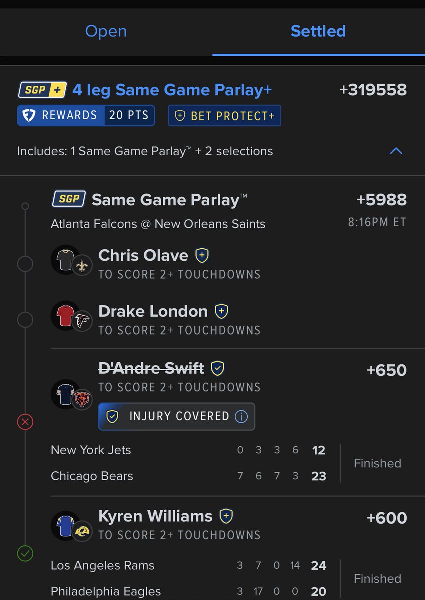 84Off's tweet photo. Why is this settled as a loss what’s the point of bet protect? Shouldn’t the Swift leg void?@FanDuel_Support @FanDuel https://t.co/WWCZ1mmKWA