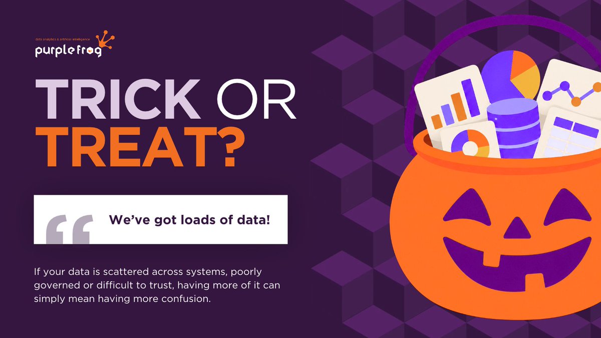 PurpleFrogData's tweet photo. TRICK 👻 OR TREAT 🎃?

Loads of data must mean loads of insight... right?

👻 TRICK

If it’s scattered, poorly governed or difficult to trust, more data can simply mean more confusion.

The real treat? Data people can actually understand, trust and use🍬 https://t.co/Mb4BO9UlO3