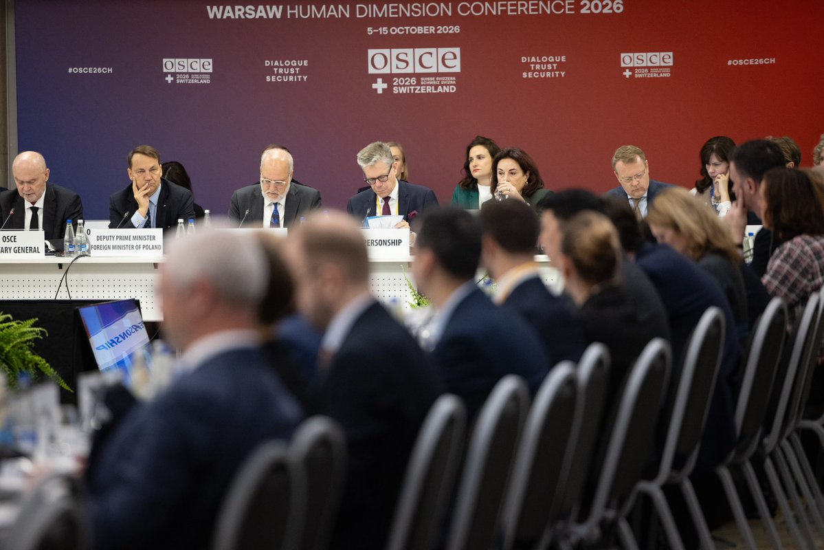 PolandMFA's tweet photo. 💬 “A just and lasting peace in Europe requires Russia to abandon its neo-imperial policies. To end its aggression against Ukraine. And to stop aggressive and destabilising actions in the region.”

| Deputy PM, FM @sikorskiradek during his remarks at the Warsaw Human Dimension Conference
