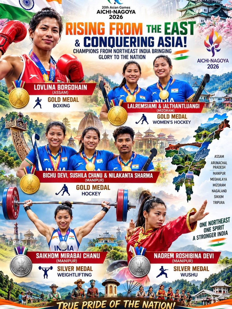 ExploreNor65506's tweet photo. FROM THE NORTHEAST TO THE ASIAN STAGE! 🇮🇳🏆

Northeast India’s sporting stars are making the nation proud at the Aichi-Nagoya Asian Games 2026! 🌟 From Lovlina Borgohain’s boxing triumph to hockey heroes and Mirabai Chanu’s medal-winning performance, their grit and glory shine bright.

A proud moment for the Northeast and all of India! ❤️🇮🇳

#BharatKiChampions #NortheastIndia #TeamIndia #AsianGames2026 #AichiNagoya2026 #LovlinaBorgohain #MirabaiChanu #IndianSports #ProudIndian #Champions