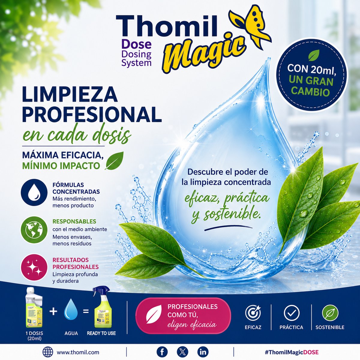 ThomilPro's tweet photo. ThomilMagic DOSE, el sistema de #LimpiezaConcentrada en botella autodosificadora de #Thomil. Sin equipos dosificadores ni manipulación alguna. Un sistema seguro y práctico con múltiples ventajas.
#Limpieza #Higiene #LimpiezaProfesional https://t.co/EtllpAkRaM