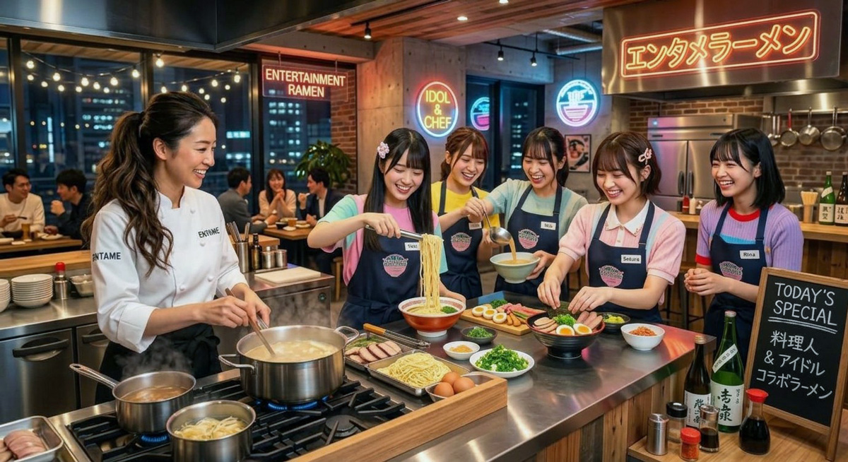 SH1NM1RA1's tweet photo. 『エンタメラーメン』
日替わりで料理自慢の芸能人・インフルエンサー・クリエイターが「1日店長」として本格ラーメンを提供

◎アイドルがお湯を注ぐだけのカップラーメン日（通称：お湯注ぎ日）」といったシュールな特別企画
◎「推しがその場で握る！愛情たっぷり『手塩にかける』おにぎり」※衛生管理のもと調理いたします