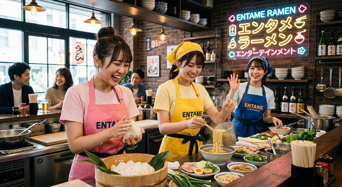 SH1NM1RA1's tweet photo. 『エンタメラーメン』
日替わりで料理自慢の芸能人・インフルエンサー・クリエイターが「1日店長」として本格ラーメンを提供

◎アイドルがお湯を注ぐだけのカップラーメン日（通称：お湯注ぎ日）」といったシュールな特別企画
◎「推しがその場で握る！愛情たっぷり『手塩にかける』おにぎり」※衛生管理のもと調理いたします