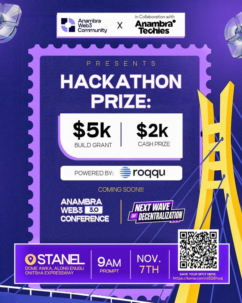 Anambraweb3's tweet photo. 🚨 ANAMBRA WEB3 CONFERENCE HACKATHON COMING SOON !!! .🔥

The Anambra Web3 Hackathon is coming  powered by Roqqu

We’re calling on builders, developers and problem-solvers to come together, build real solutions and compete for exciting opportunities.

🏆 Prizes to be won
Build with Roqqu
Connect with builders & mentors
Showcase your project

Registration for this conference :
👉 https://t.co/GhQ88NYR4G

More details coming soon.

ROQQU × ANAMBRA WEB3