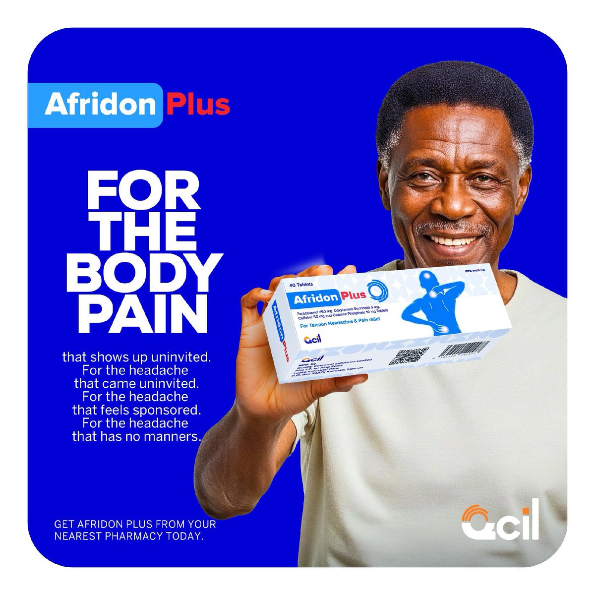 QcilCares's tweet photo. We’ve got pain relief for all your pain needs, a solution that covers your body. 

Experience the comprehensive relief of Afridon plus that lifts the heavy burden.

#NoPainMoreGain #LifeAfterWell #KeepingAfricaAlive https://t.co/jPSn2Xy108