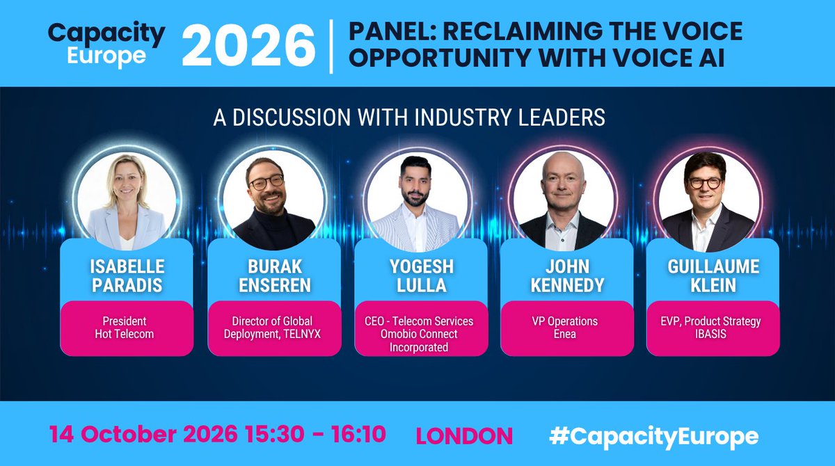 hottelecom's tweet photo. Excited to be moderating a panel at Capacity Europe 2026, titled “Reclaiming the Voice Opportunity with Voice AI.”

Attending Capacity Europe? Come and join the conversation! https://t.co/GMpj3gns3U

#CapacityEurope2026 https://t.co/ffg7uLRPjh