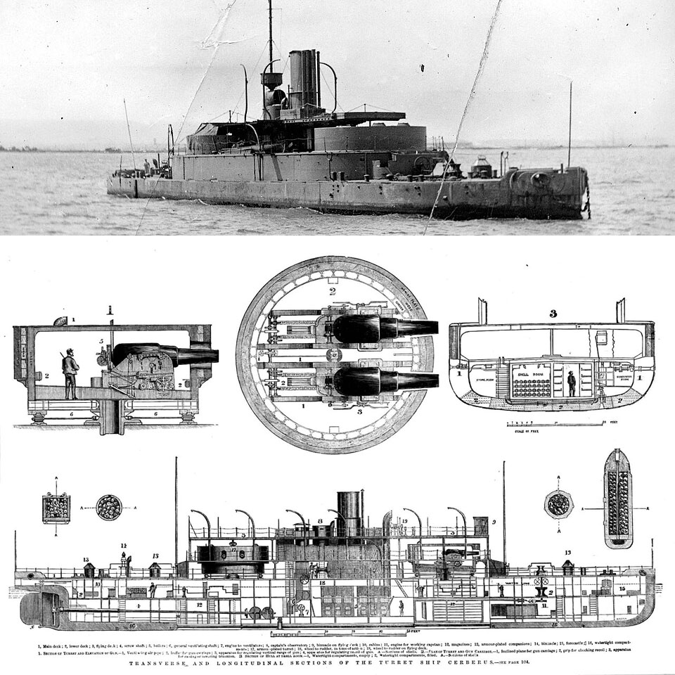 NavalEncyclope1's tweet photo. Sir Edward Reed, worked on the first British #breastworkmonitor design from 1866, for the defence of colonial outposts. One was assigned to Australia (cerberus), the other to India. https://t.co/t2VF0KVamI #royalnavy #victorianera #britishmonitor #hmscerberus #magdala #edwardreed https://t.co/i5fxfFZUy1