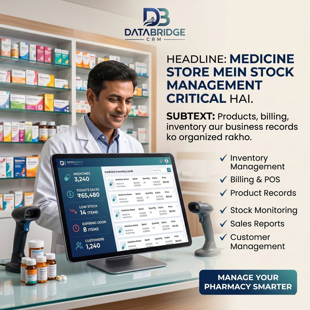 Databridge_crm's tweet photo. Medicine store ka stock manage karna ab easy! 💊
DataBridge CRM se inventory, billing, product records aur sales ko efficiently manage karein.

Manage Your Pharmacy Smarter. 🚀

#PharmacyManagement #MedicineStore #InventoryManagement #CRM #DataBridgeCRM https://t.co/X1noBcQLFd