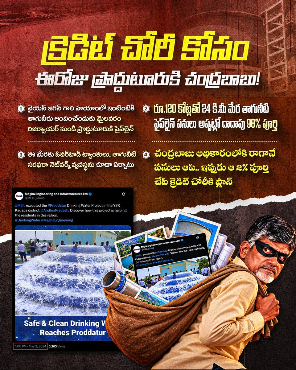 YSRCParty's tweet photo. ప్రొద్దుటూరుకి ఇంటింటికి కుళాయిల ద్వారా మంచినీరు అందించేందుకు వైయస్ జగన్ గారు శ్రీకారం చుట్టి.. 98% పనులు పూర్తి చేసిన ప్రాజెక్టు క్రెడిట్ కోసం చంద్రబాబు ఆరాటం 

27 నెలల్లో కేవలం 2% పనులే చేసినా.. అంతా తానే చేసినట్లు చంద్రబాబు బిల్డప్

క్రెడిట్ చోరీలో.. రోజురోజుకీ అబద్ధాలతో రికార్డులను తిరగరాస్తున్న @ncbn

#CreditChorBabu