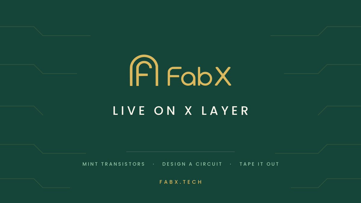 Fabx_global's tweet photo. Fab X is live on X Layer.

Mint transistors. Design a circuit on the canvas. Tape it out on chain.

The contract verifies every netlist before it mints. The logic either checks out or nothing gets made.

Mining opens next. Building starts now.

@XLayerOfficial @zakk_okx @Glen_Ignix @Blonskr
