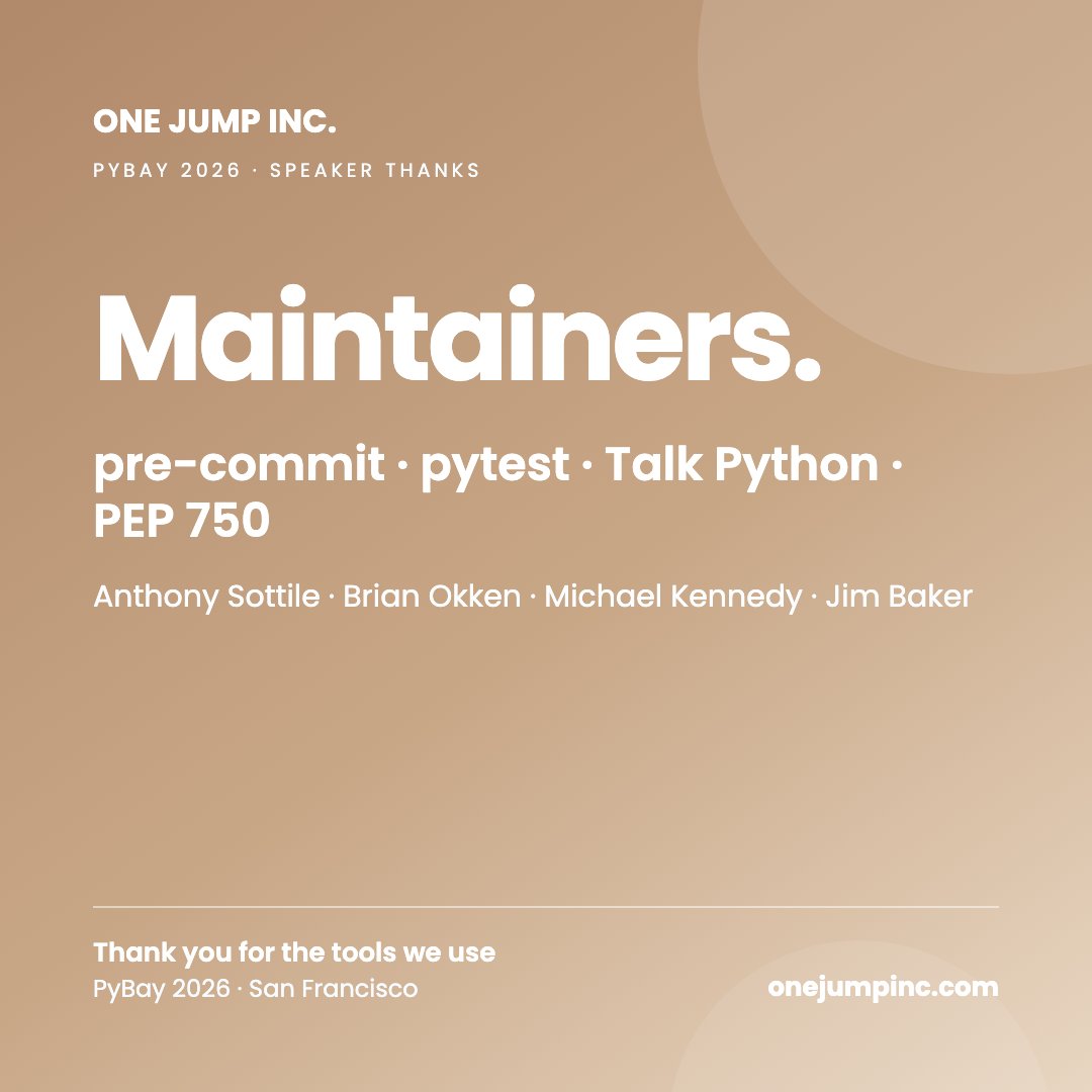 onejumpinc's tweet photo. Thanks to the maintainers who spoke at @py_bay: Anthony Sottile of @pre_commit_ci, Brian Okken, @mkennedy of @TalkPython, and Jim Baker.

The tools we use every day are kept working by people like these. https://t.co/czGcDt9kOf