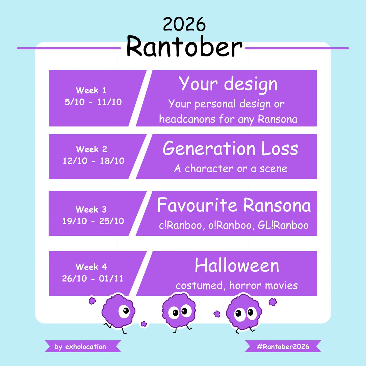 exholocation1's tweet photo. I couldn't find one so I made a Rantober 2026 list! Below the themes are just suggestions, feel free to use pls!  

#Rantober2026 #RanbooFanart https://t.co/UPuXmBnfTb