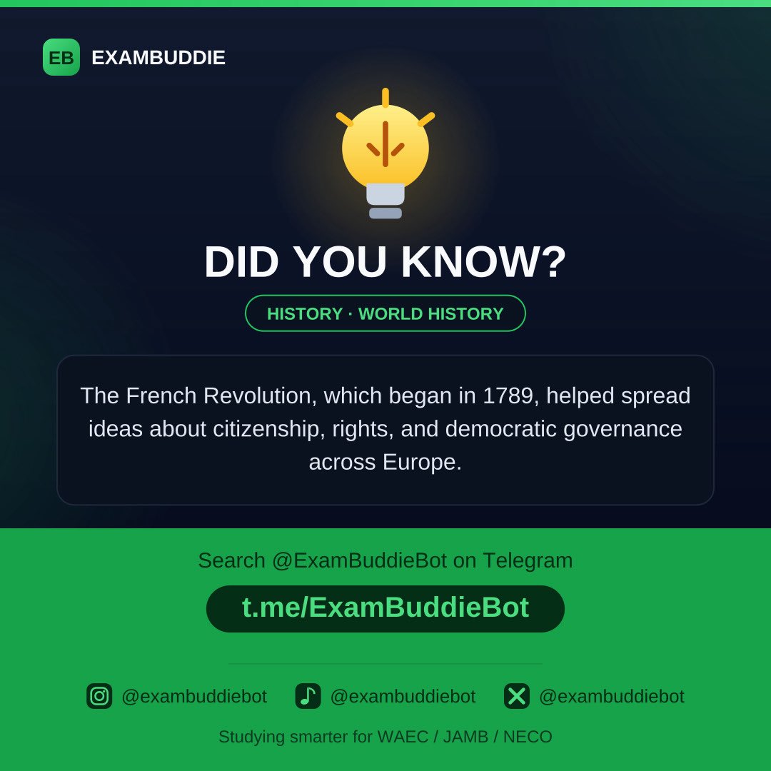 ExamBuddieBot's tweet photo. Did you know that?
#WAEC #JAMB #NECO
#DIDYOUKNOW
#NAIJASTUDENTS
https://t.co/853bgol7Bl to get started https://t.co/YFPdd1k4CU