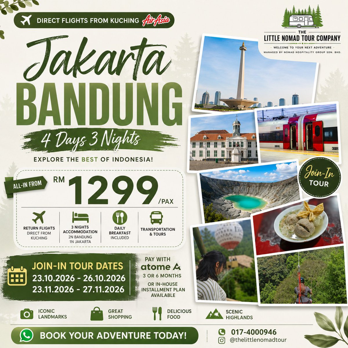 Dasohe's tweet photo. Fly direct from Kuching to Jakarta &amp; Bandung from RM1, 299. Enjoy a 4D3N join-in tour with flights, hotels, breakfast, transfers and sightseeing. Departures in October and November 2026. Limited seats available. https://t.co/KuLR22dpiX