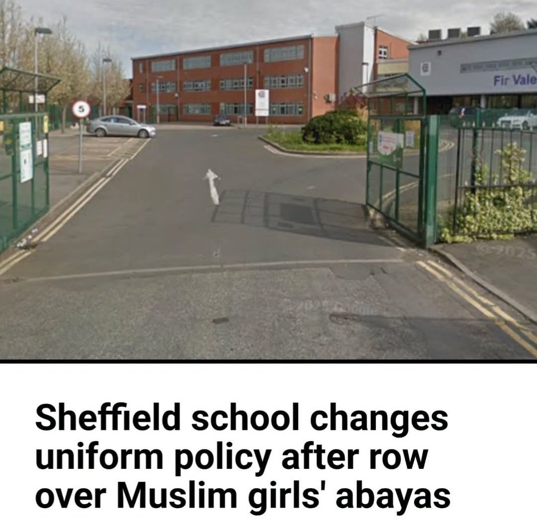DonnaLouise1212's tweet photo. Fir Vale Academy tried to enforce a uniform. Muslim girls turned up in abayas, got challenged, and the usual machine kicked in: 

Green councillor, social media pile-on, claims of children being “shamed” for their faith.

Weeks later the school has invented a “modesty skirt” to wear over trousers, and the principal is busy promising they will never touch the hijab or the halal menu.

Uniform for everyone. Exceptions for whoever shouts loudest. Inclusivity, but only in one direction.