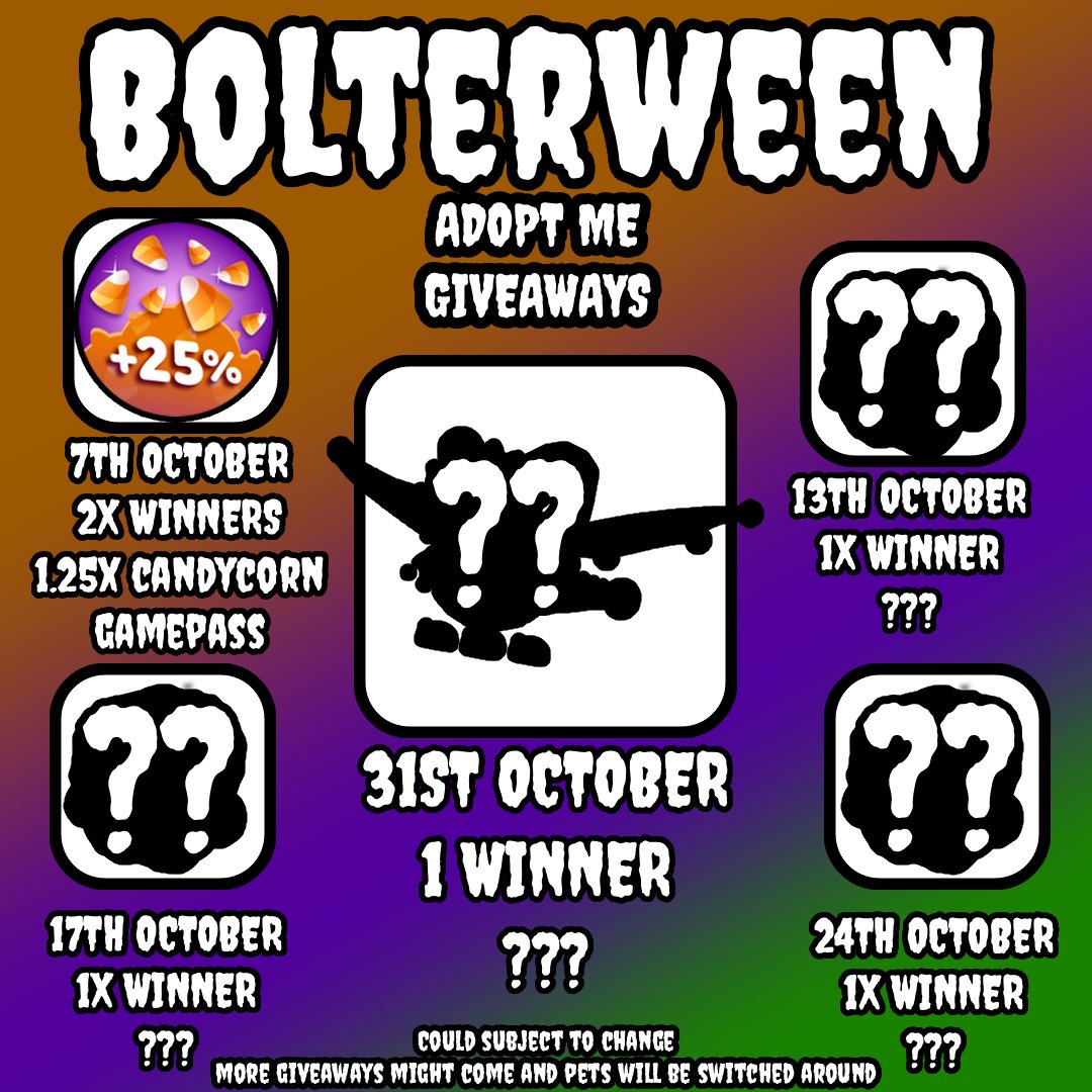 BolterPlayz's tweet photo. 1ST BOLTERWEEN ADOPT ME GIVEAWAY

PRIZE: 1.25x Candy Multiplier Gamepass (50 robux)

2X WINNERS

Steps:
1. Follow @BolterPlayz
2. Like and Repost
3. Comment Roblox Username

ENDS IN 3 DAYS

GOODLUCK!

(do not enter if you already have the pass)
https://t.co/KPDGGt2AJs https://t.co/Wj6yGZkt2O