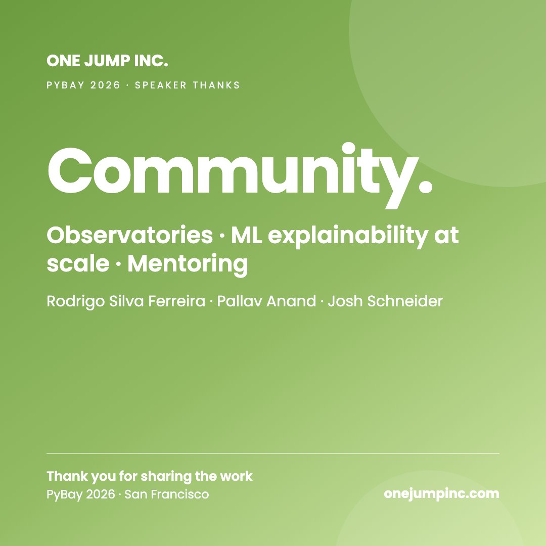 onejumpinc's tweet photo. Thanks Rodrigo Silva Ferreira, Pallav Anand and Josh Schneider of @pytexas for speaking at @py_bay, on scientific observatories, ML explainability at scale, and mentoring. https://t.co/12ViSnVXns