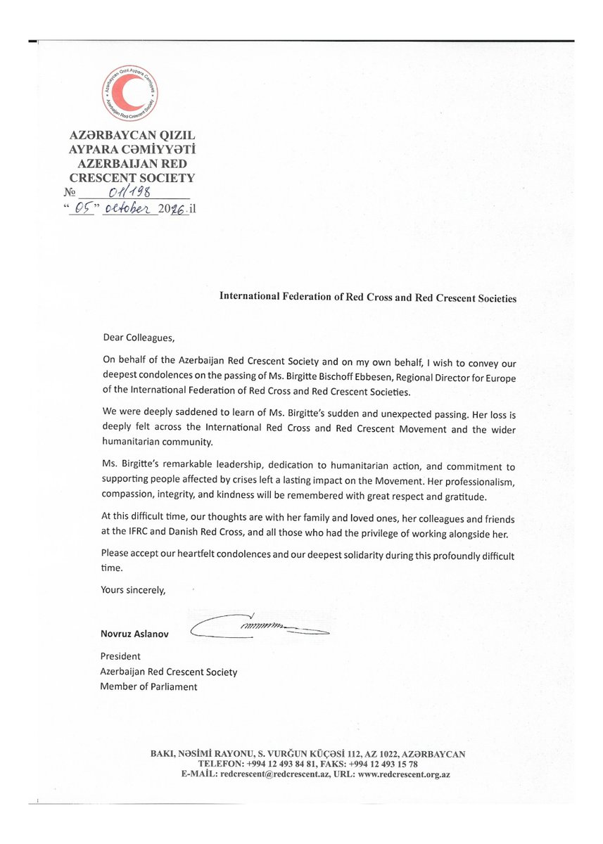 AzRedCrescent's tweet photo. Letter of condolence from Mr. Novruz Aslanov, president of AzRCS, to the IFRC https://t.co/pzowaUTZOT