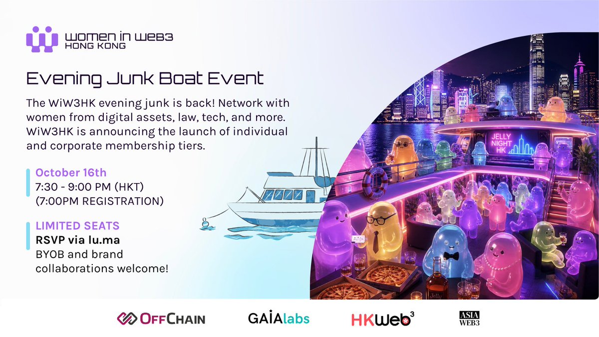 womeninweb3hk's tweet photo. The @womeninweb3hk Evening Junk Boat Party is BACK! ⛵️✨

Join us Oct 16 for an exclusive night on Victoria Harbour networking with women leaders in finance, tech & law! 🌆

🥂 FREE entry | BYOB & Snacks
⚓️ Big thanks to Deacons for hosting us on their junk boat! 
👋 Meet Co-Founder @MelizzaAnievas 
🤝 Open to brand collabs & sponsors!

Want to sponsor? DM @shine_nanigans or email team@womeninweb3hk.com 📩