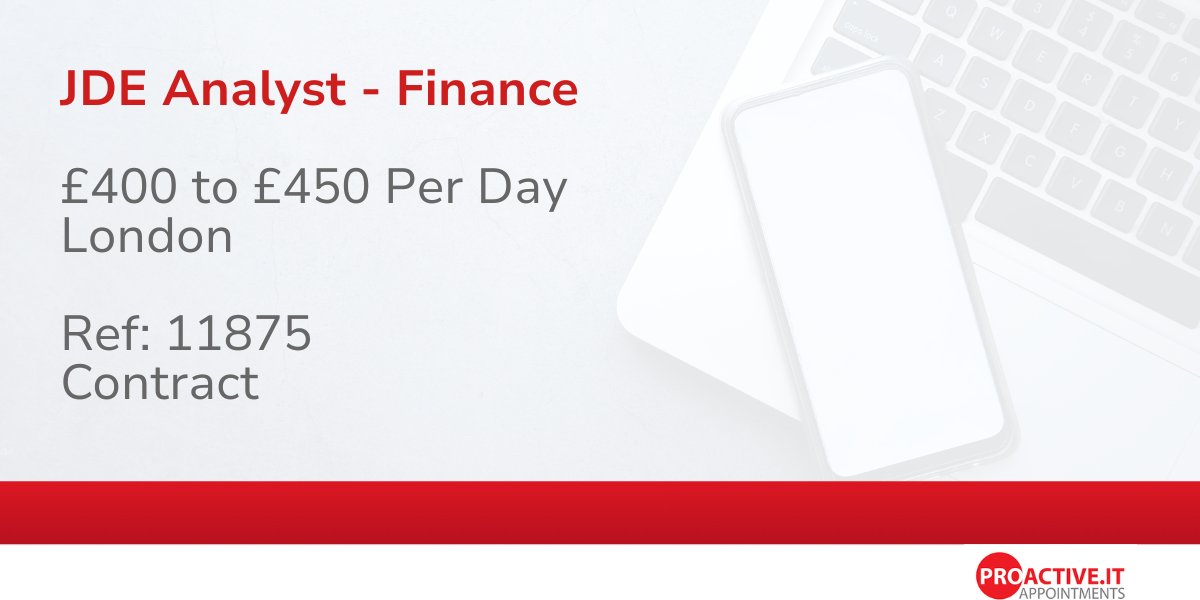 ProactiveIT_UK's tweet photo. Our client is seeking a JD Edwards ERP Finance Consultant with at least 8 years' hands-on experience in JDE World 7.3.
https://t.co/JtLT6wPG37
#JDE #Finance https://t.co/byh8qu4bkG