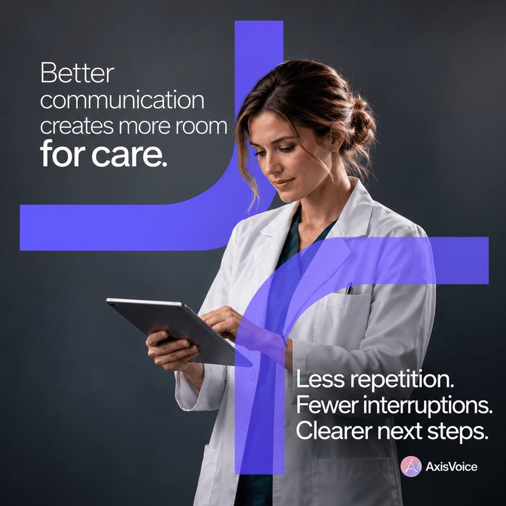 AxisVoiceAI's tweet photo. Better communication means more time for what matters: care.

Less repetition. Fewer interruptions. Clearer next steps. That’s where AxisVoice helps.

#AxisVoice #HealthcareAI #PatientCommunication #DigitalHealth #AIForHealthcare https://t.co/wPJdms5anQ
