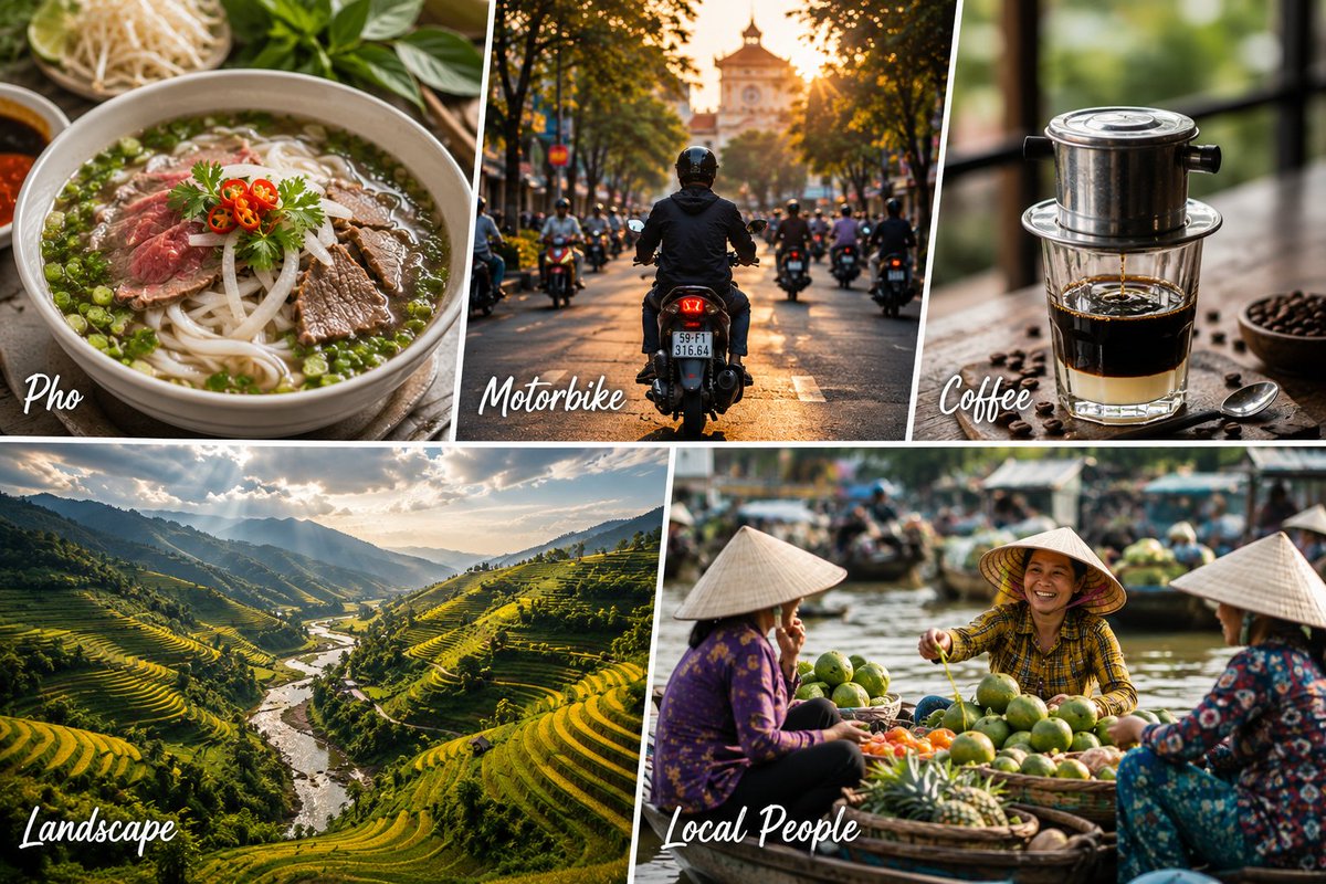 paolafplz's tweet photo. First time in Vietnam? Expect incredible street food, millions of motorbikes, warm locals, a thriving coffee culture, and stunning landscapes from north to south. What surprised you most? https://t.co/jtsL37pq2d