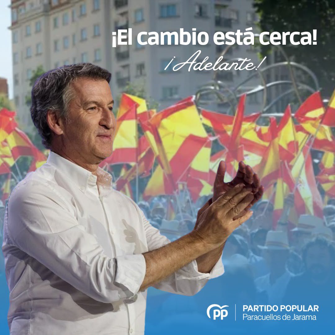 ppparacuellos's tweet photo. 🔴Pedro Sánchez convoca Elecciones Generales el 29 de noviembre
🔵Es el momento de Feijóo es el momento del cambio en España.🇪🇸
¡Adelante!💪
#eleccionesgenerales #porfin #popularesparacuellos #ParacuellosDeJarama #adiospedro https://t.co/9hPJXctssR