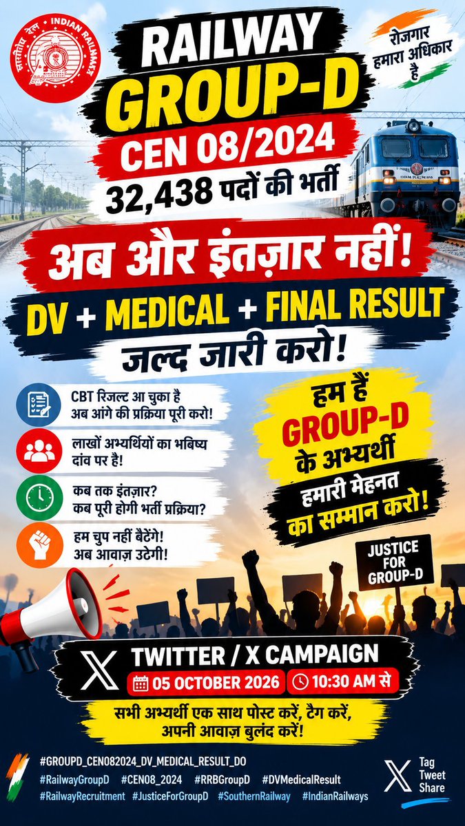 saikalyantweet1's tweet photo. 🚨 CEN 08/2024 | RAILWAY GROUP-D
32,438 पदों की भर्ती को अब और लंबा न खींचें।
अभ्यर्थियों की मांग स्पष्ट है—
DV + Medical + Final Result जल्द जारी करो!
#CEN082024_DV_RESULT_DO https://t.co/Y8L5MHkB4t